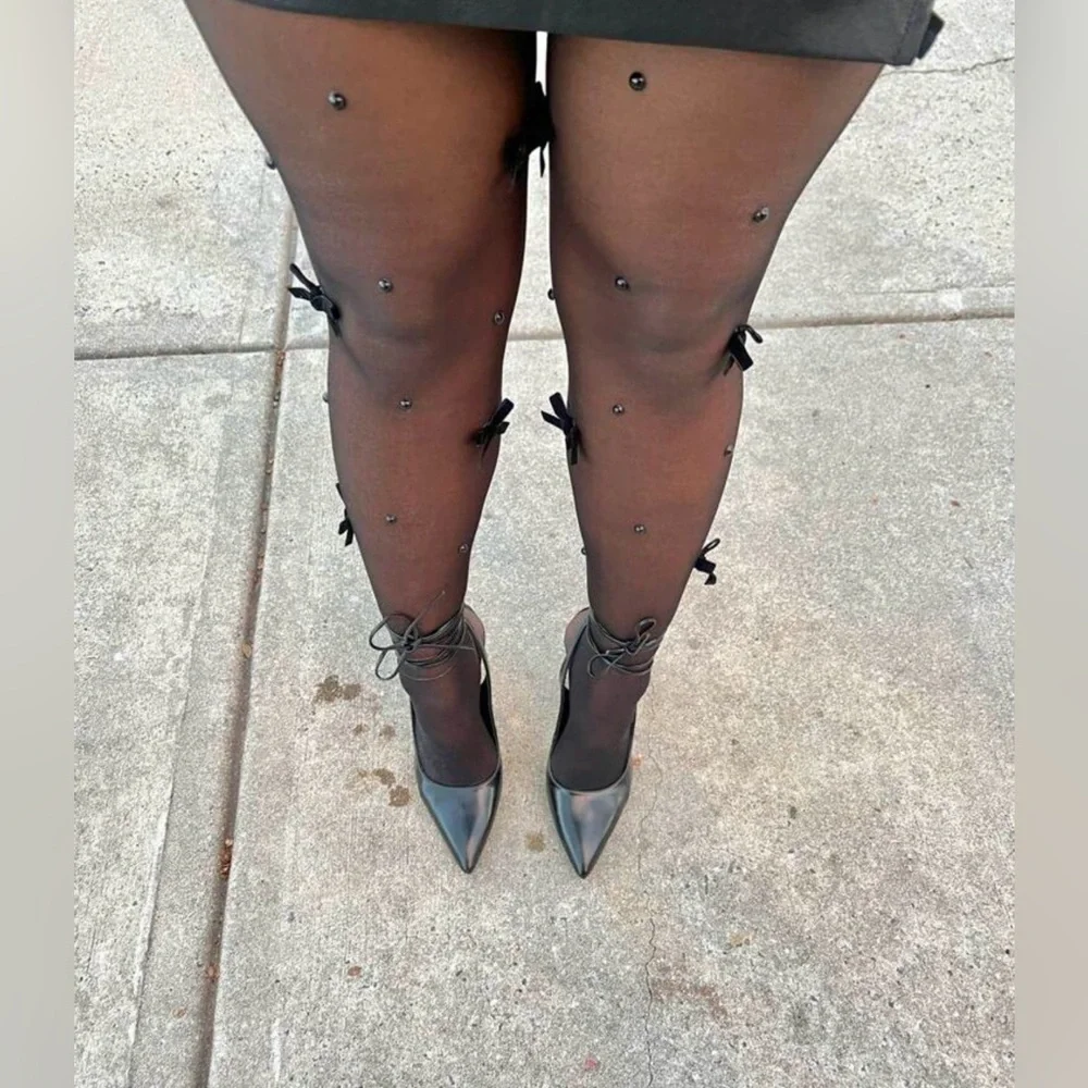 New Women's Black Butterfly Bow Pearl Stretch Transparent Lolita Tights Leggings